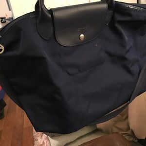 Longchamp Navy Blue nylon  Bag with leather handle with silver hardware